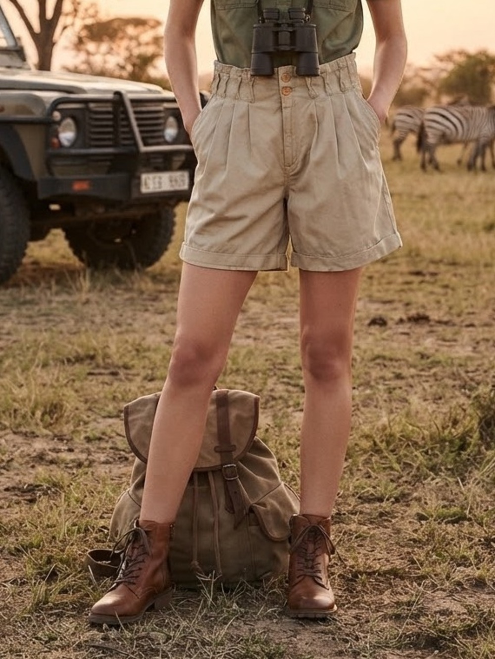 Vintage High Waisted Flat Front Pleated MOM Shorts in Khaki SZ 13-14 SAFARI
